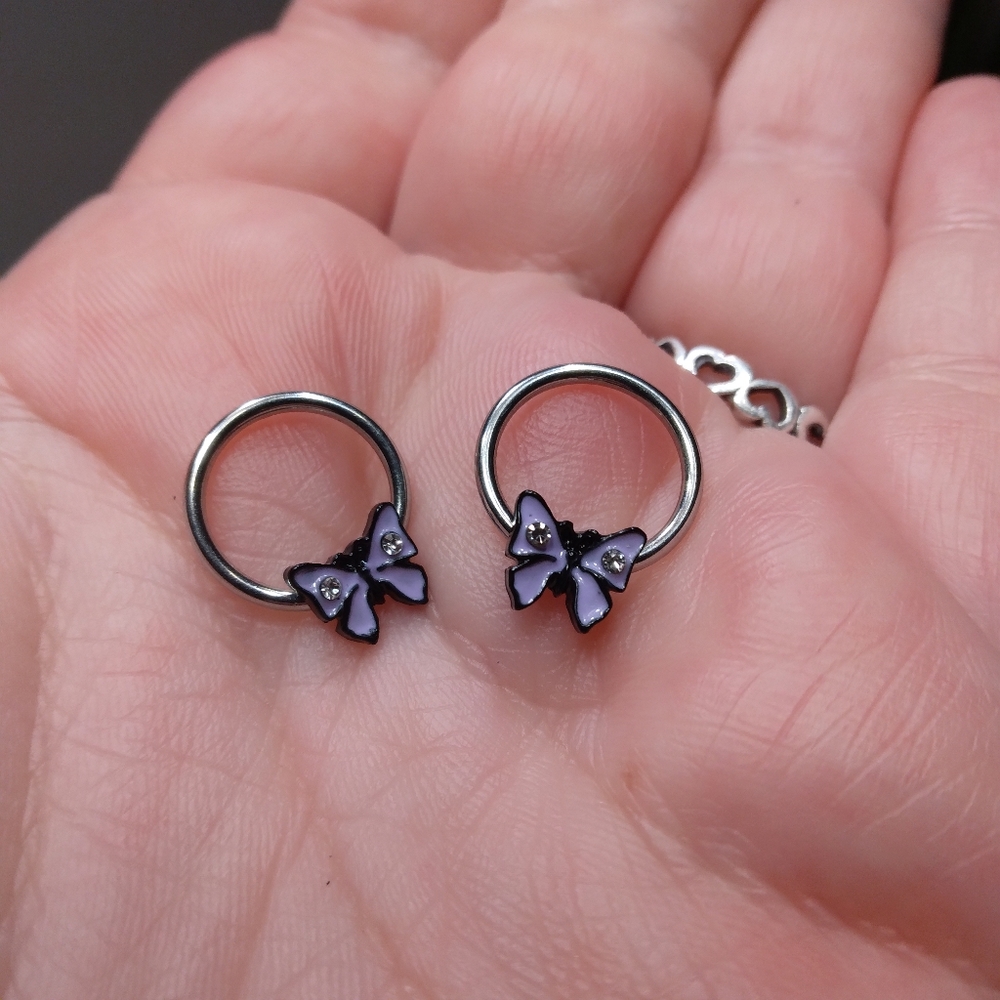 Morbid Metals Earrings - 18g Purple Butterfly with Rhinestones
